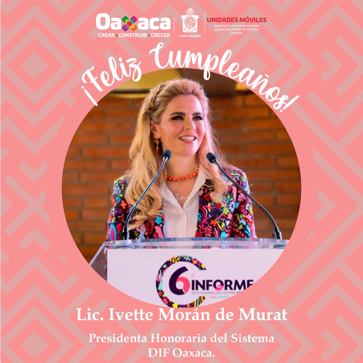 A nombre de las <a href="/UM_oaxaca/">UNIDADES MÓVILES OAXACA</a>  y el Coordinador General, Lic. <a href="/Josemedinacasa6/">@Josemedinacasa1</a>, le deseamos a la Lic. <a href="/IvetteMurat/">Ivette de Murat</a>, un feliz cumpleaños rodeada de sus seres queridos, lleno de alegría y mucha salud en esta nueva etapa de su vida. 
¡Muchas Felicidades!