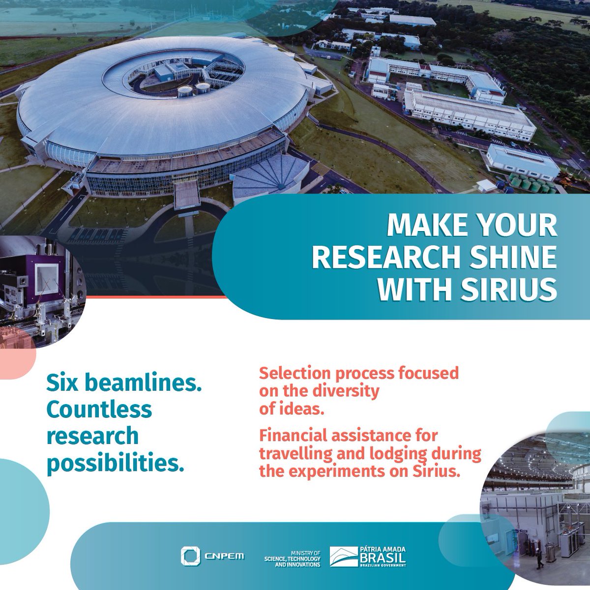 #Sirius opens new Call for Proposals! Inaugurating 6 beamlines - Carnaúba, Cateretê, Ipê, Ema, Imbuia, and Manacá - the process also has a new evaluation system. Submissions until 15 Dec. #MakeYourResarchShine 
Techniques available and full information at lnls.cnpem.br/news/sirius-op…