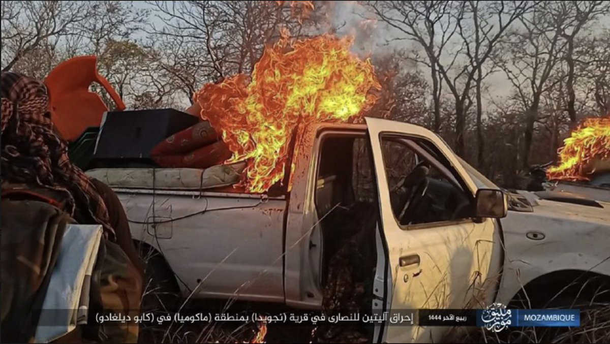 TracTerrorism's tweet photo. #IslamicState Central Command release a 2nd photoset of the #ShabaabCult arson attack on Military Barracks in #Nguida, #Macomia District, #CaboDelgado, #Mozambique; this time razing Army vehicles
https://t.co/kFvnxj20co https://t.co/CRi4Cj15s7