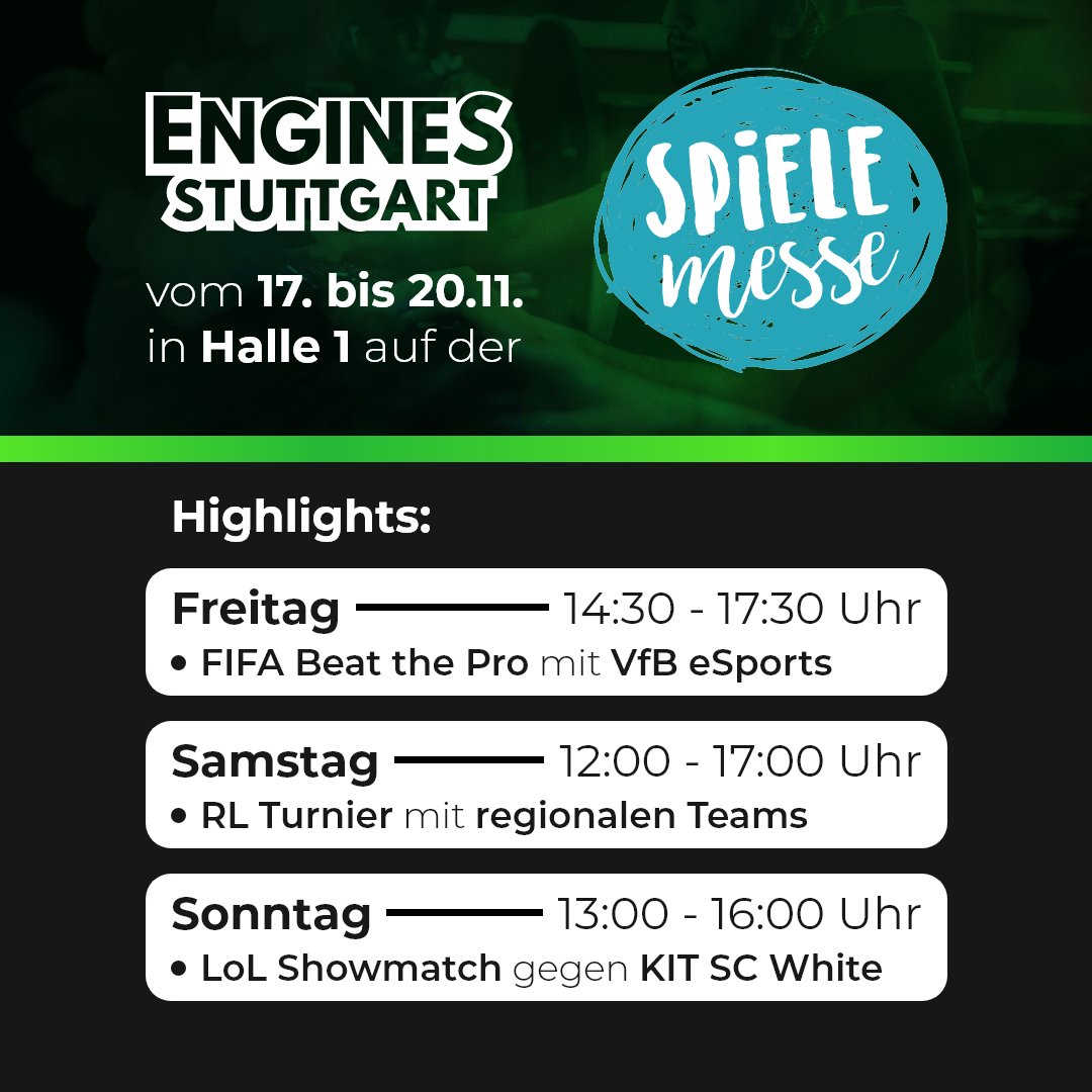 engines_stgt's tweet photo. Mit unseren Partnern der #CSS &amp; #HAM haben wir von Donnerstag bis Sonntag einen Stand auf der #Spielemesse @Messe_Stuttgart 🎮

Freitag besucht uns @VfB_eSports mit #FIFA ⚽️
Am Wochenende gibt es live E-Sport Action mit #RL &amp; #LoL 🔥

Kommt vorbei und zockt mit uns!

#Vollgas da! https://t.co/XCZcwNErLO