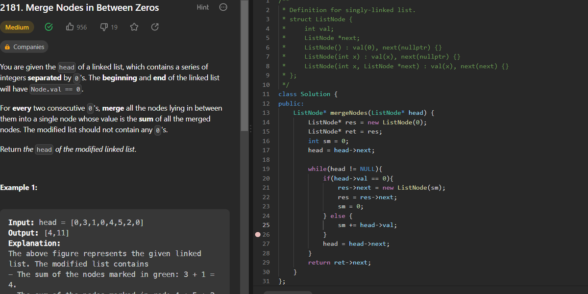 Kunjika_9's tweet photo. Day 36:
Problem: Merge Nodes In Between Zeroes
#60daysofcoding #60daysofgrowth #GirlsWhoCode https://t.co/Vfnb6btNuX