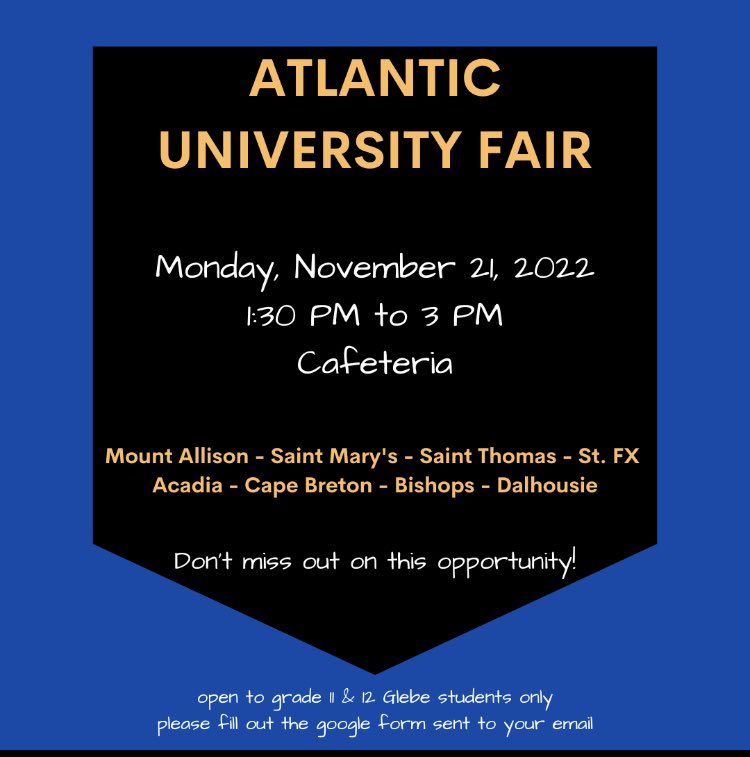 Tte Atlantic University Fair is coming to Glebe. See the poster for details.