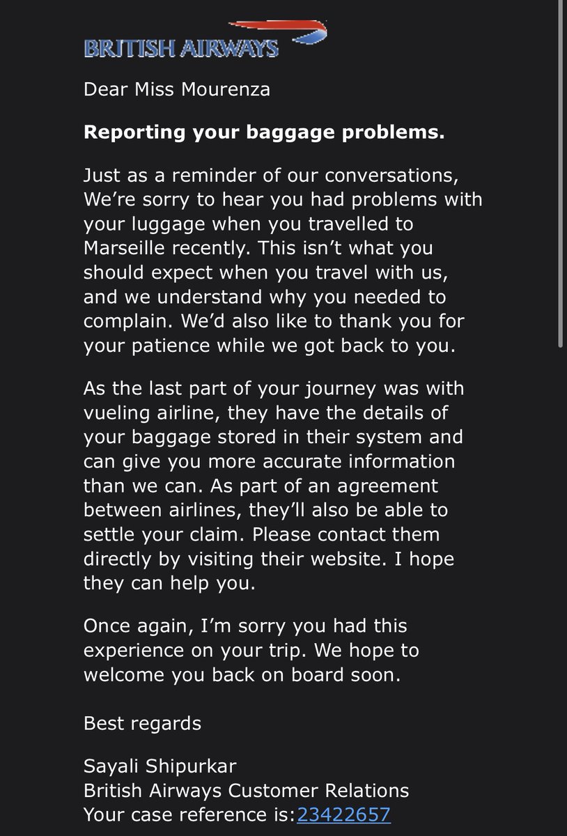 JenniMourenza's tweet photo. @British_Airways @British_Airways I understand airport congestion during the summer, but I don't understand why, four months later, you haven't compensated customers for logistical issues and your customer service is unresponsive. https://t.co/OSsFlR3LSZ