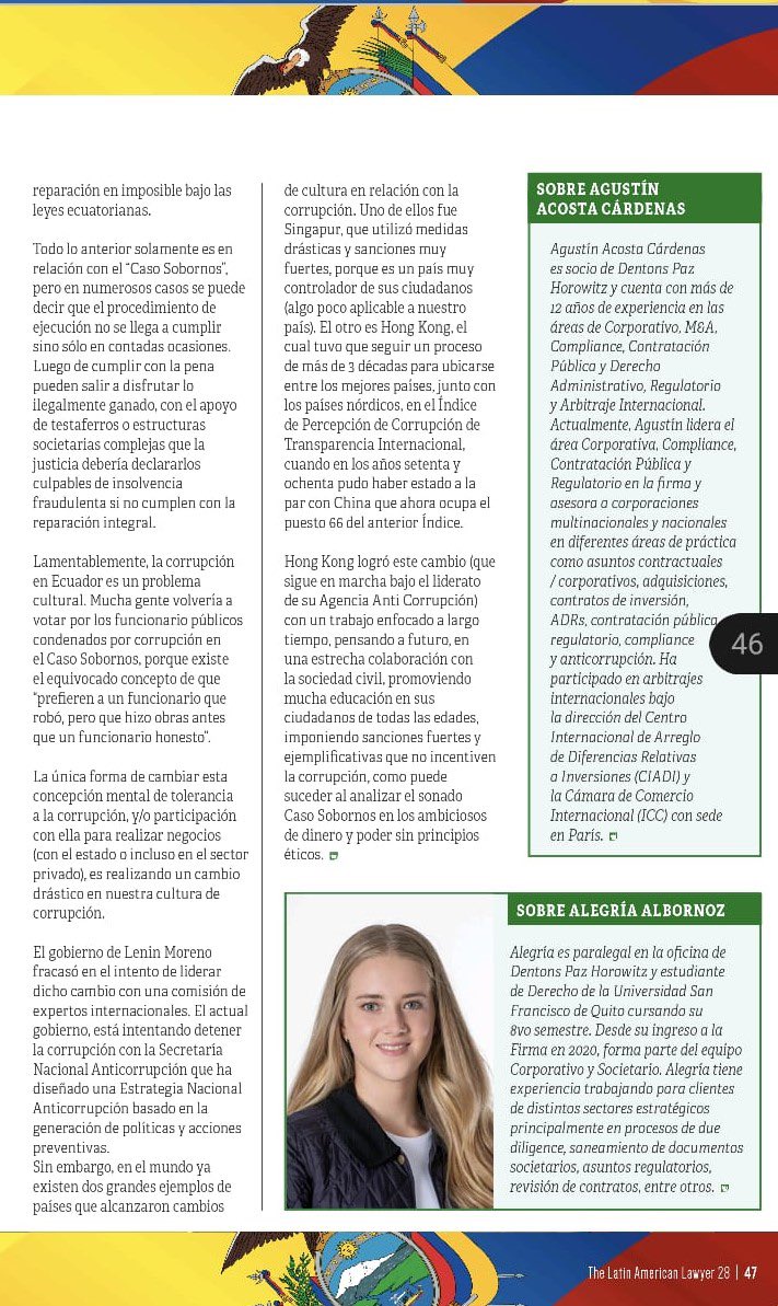 ¿Es la corrupción un "modus operandi" para realizar negocios en el sector público en el Ecuador?, lee al respecto en el artículo escrito por nuestro Socio <a href="/AgustinAcostaC/">Agustín Acosta Cárdenas</a> y Paralegal Alegría Albornoz en la revista <a href="/LatAmEditor/">Editor - The Latin American Lawyer</a>

Encuéntralo en 👉🏼 lnkd.in/eXv2DjCq