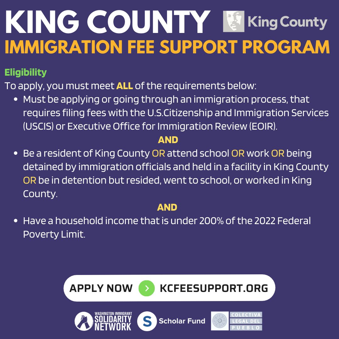 Do you need help paying immigration fees? King County has launched the Immigration Fee Support program to help King County immigrants pay fees associated with the immigration process.
➡️ Apply at kingcountyrelief.org
☎️ Call us for support: 206-636-9882. 
#Immigration