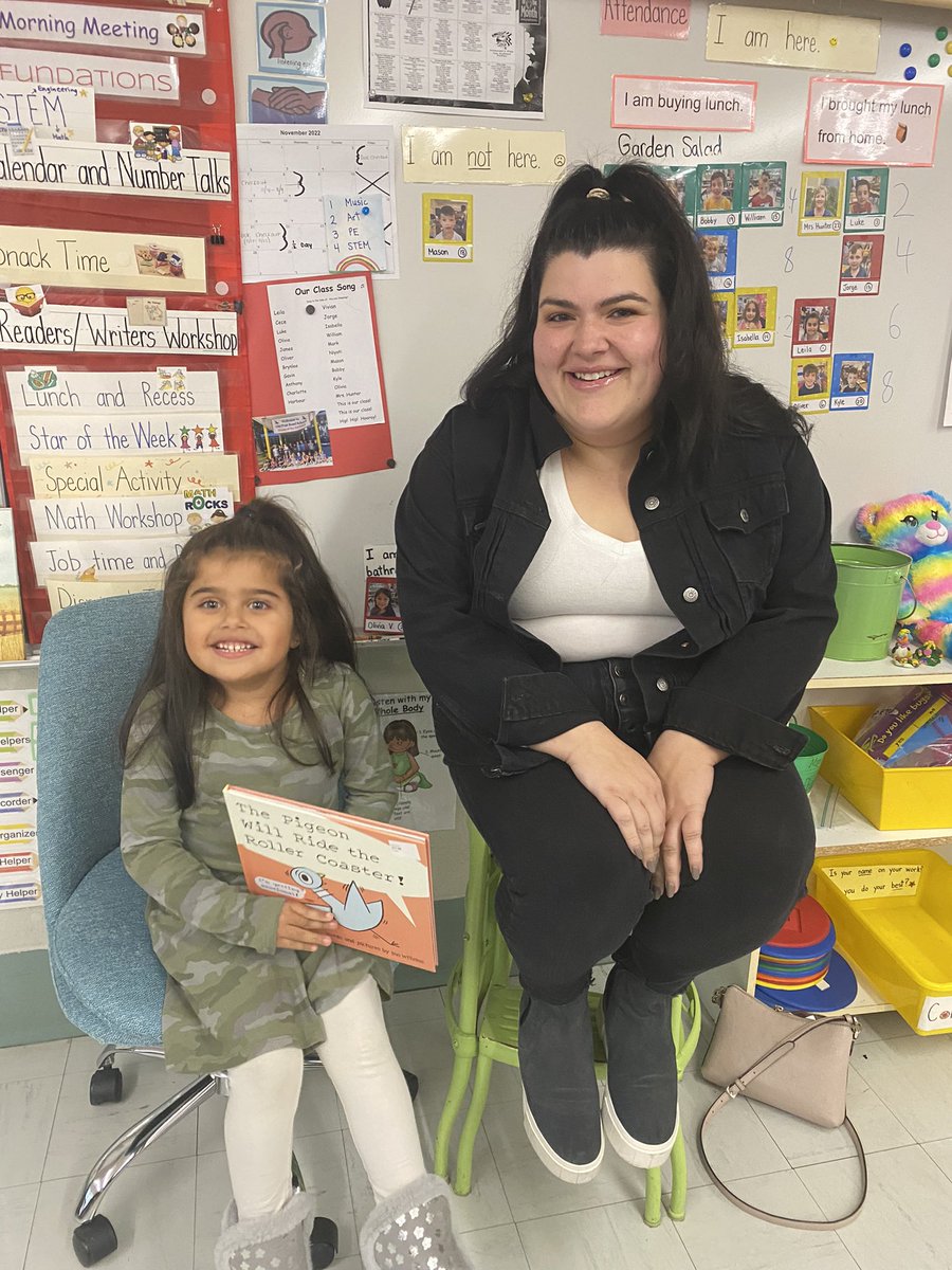 MrsHunterRoom7's tweet photo. One of my favorite parts of each student’s special week is having a favorite person visit us in our classroom to share a loved story!  Thank you, Auntie, for visiting and reading Mo Willems’ newest book!  🐦 📖❤️ We loved meeting you!  Pride is glowing on both of your faces! ❤️😊 https://t.co/H5uzxBqlj7
