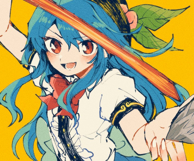 hinanawi tenshi 1girl solo long hair blue hair short sleeves bow red bow  illustration images