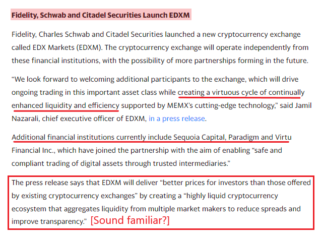 741trey's tweet image. Schwab, Fidelity, and Citadel launch EDXM cryptocurrency exchange with plans to internalize trades.  Partners include Sequoia, Paradigm, and Virtu⚠️ 

Ladies and Gentlemen, I introduce your first Crypto Dark Pool. And the gang is all here.