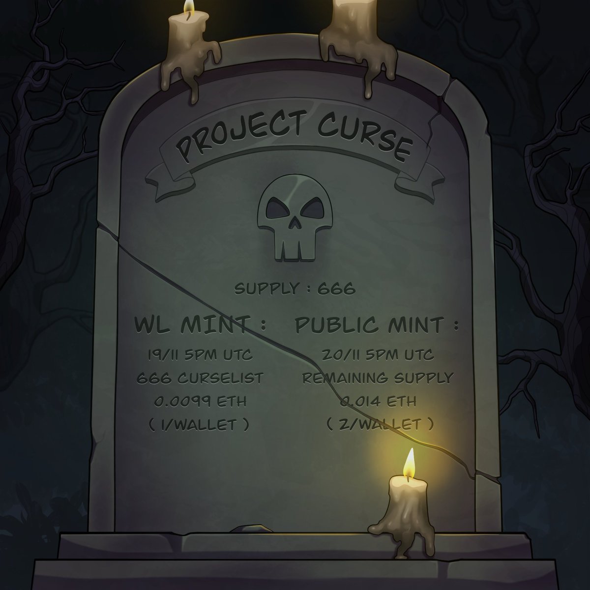 ProjectCurse_'s tweet image. Mint Announcement💀

It's finally here! Time to wake up the dead. Prepare yourself for the invasion on the 19th. ⛓️
Here are the mint details :

- WL Mint at 5pm UTC - 666 supply
- Public Mint 20/11 5pm UTC - Remaining supply

Last Whitelist opportunity🚨
superful.xyz/project/projec…