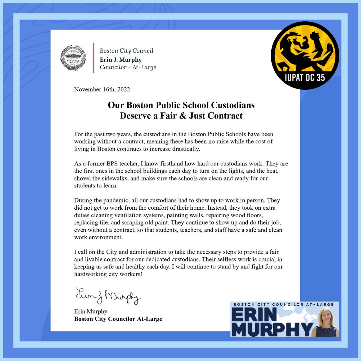 Erin Murphy (@erinforboston) on Twitter photo Our <a href="/BostonSchools/">BostonPublicSchools</a> Custodians deserve a fair and just contract. They have been working throughout the pandemic with no contract.
<a href="/IUPAT_DC35/">IUPAT DC #35</a> #custodians #union #actionnotjustwords #bospoli Our <a href="/BostonSchools/">BostonPublicSchools</a> Custodians deserve a fair and just contract. They have been working throughout the pandemic with no contract.
<a href="/IUPAT_DC35/">IUPAT DC #35</a> #custodians #union #actionnotjustwords #bospoli