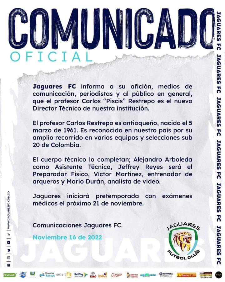 Deportes_click's tweet photo. Jaguares anunció que Carlos 'Piscis' Restrepo será su nuevo DT para la temporada 2023.

#DeportesAUnClick https://t.co/kl9xg1eH8h