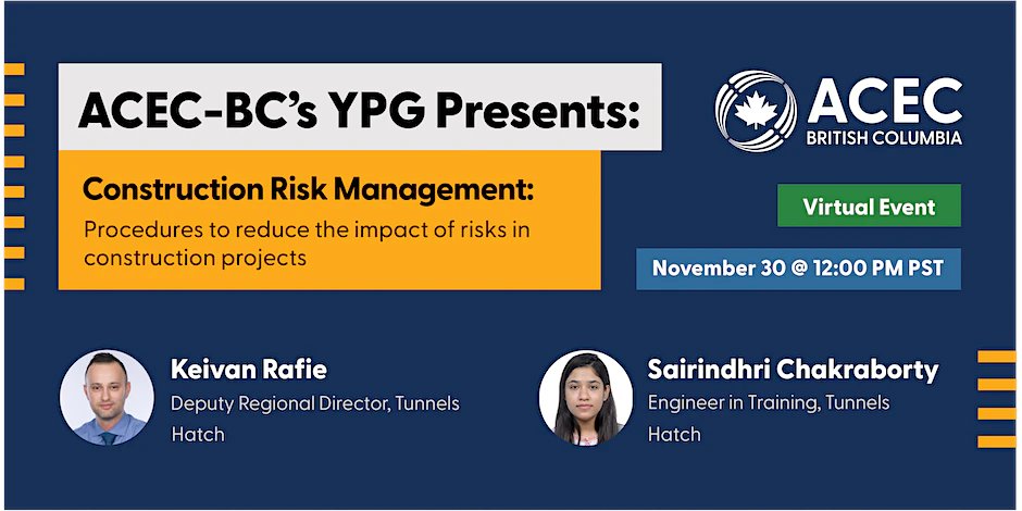 KeivanRafie_EN's tweet photo. Join #acecbc’s Young Professionals Group for a discussion on Construction Risk Management: Procedures to reduce the impact of risks in construction projects.

🎤 Keivan Rafie, Deputy Regional Director, Hatch
🎤 Sairindhri Chakraborty, Engineer in Training, Hatch

#construction https://t.co/kVdOt4hcRN