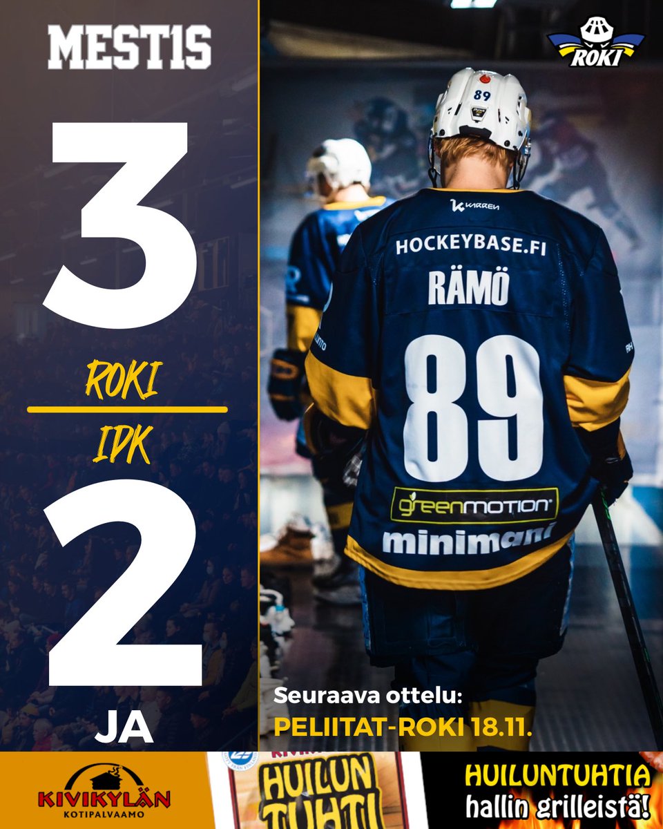 rokihockey's tweet photo. VOITTO! 🔥

Arttu Rämö jälleen ratkaisijana. 🥳

Kiitos mahtavalle Kirnun yleisölle! 💙

Tuloksen tarjosi @kivikylan 

#LapinParhaatBileet #LätkässäLappiin #Mestis #SuomenViihdyttävintäLätkää #Rovaniemi https://t.co/FGnHUOfW5a