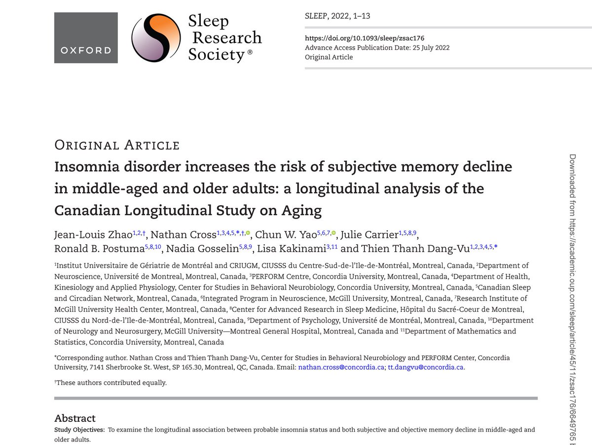ResearchSleep's tweet photo. These findings demonstrate an increased odds of experiencing subjective #memory decline in middle-aged and older adults who developed #insomnia disorder, compared to adults who developed insomnia symptoms alone or no insomnia symptoms. https://t.co/CN1Jewj5Eo #aging #cognition https://t.co/ZXdR1Z2pc5