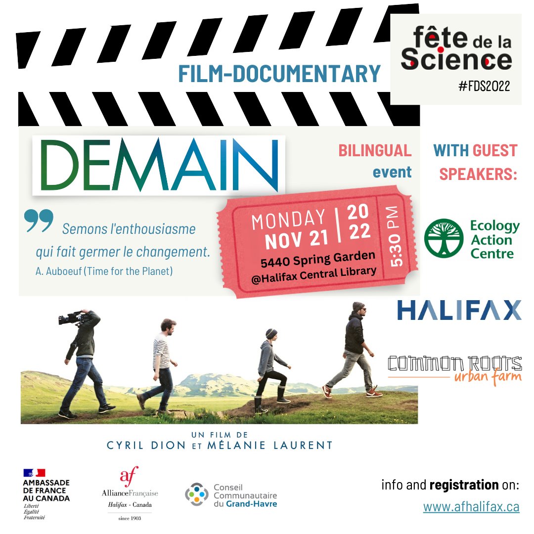 EcologyAction's tweet photo. Join @AFHalifax, EAC, Halifax Regional Municipality and @CRUrbanFarm Monday, Nov. 21 for a free screening of Demain, a film about communities making a difference for the environment. 

Visit https://t.co/lCA5EY0xSJ for details! https://t.co/pHjt9yWRMn