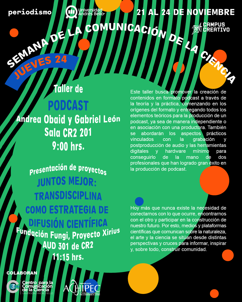 ciencia_unab's tweet image. En el marco de la Semana de la Comunicación de la Ciencia, organizada por la Escuela de Periodismo #UNAB, te invitamos a participar del taller de podcast, a cargo de Andrea Obaid y Gabriel León.
Importante: dirigido a estudiantes #UNAB.
Inscripciones: docs.google.com/forms/d/e/1FAI…