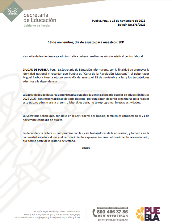 SEPGobPue's tweet photo. La dependencia informa que, con la finalidad de promover la identidad nacional y recordar que Puebla es "Cuna de la Revolución Mexicana", el gobernador @MBarbosaMX otorgó como día de asueto el 18 de noviembre a los trabajadores adscritos a la dependencia.
https://t.co/GafuXXu5oR https://t.co/6aRzffsjd7