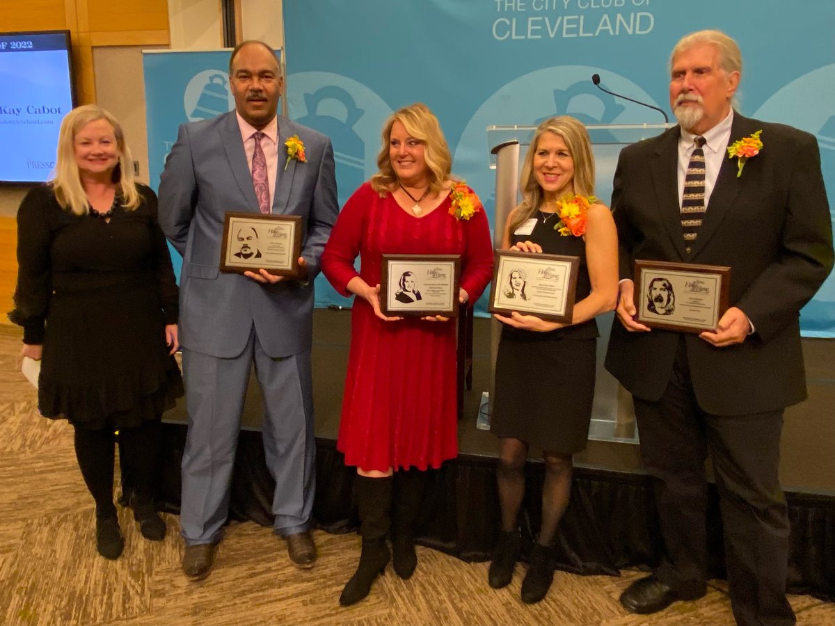 denisep's tweet photo. Congratulations to this year’s @PressClubCle 2022 Journalism Hall of Fame Inductees, @MaryKayCabot @rickj903 @thelkwdobserver. @monicarobins is the Chuck Heaton Award recipient. @MichaelHeaton5 posthumously received Special Recognition for his incredible career. #PressClubCle https://t.co/1tZk6tAaV4