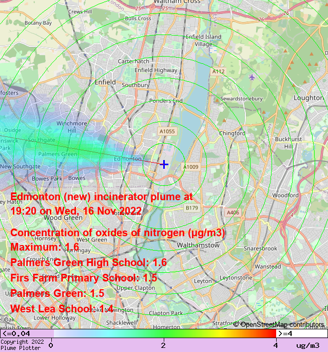 plumeplotter's tweet photo. Latest Edmonton (new) incinerator plume plot, 19:20 16/11/22 #PalmersGreen #Osidge #EastBarnet https://t.co/ue2w4OibM2 https://t.co/g7jomZx74x