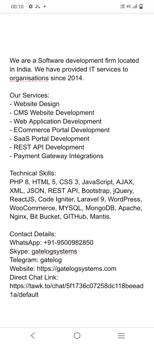 GateLogSystems's tweet image. We are a Software development firm located in India. We have provided IT services to organisations since 2014.

Contact Details:
WhatsApp: +91-9500982850
Skype: gatelogsystems
Telegram: gatelog
Website: gatelogsystems.com
Direct Chat Link: tawk.to/chat/5f1736c07…