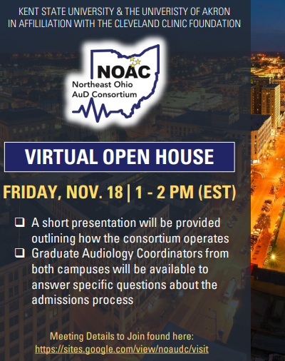 Have you been considering a graduate degree in Audiology? Attend this virtual open house on 11/18 to learn more about UA's consortium with Kent State University and the Cleveland Clinic Foundation.