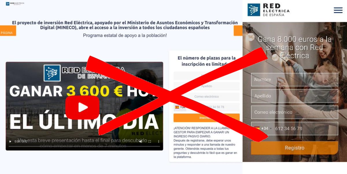 RedElectricaREE's tweet photo. ⚠️¡¡NO PIQUES!!⚠️

Desde Red Eléctrica NO promovemos ningún tipo de inversión monetaria y NUNCA solicitaremos tus datos. 

Esta información es FALSA ❌

Si te llega, NO LO ABRAS y denúncialo. 

#phishing #bulo #fraude https://t.co/NZxKLBFrM9