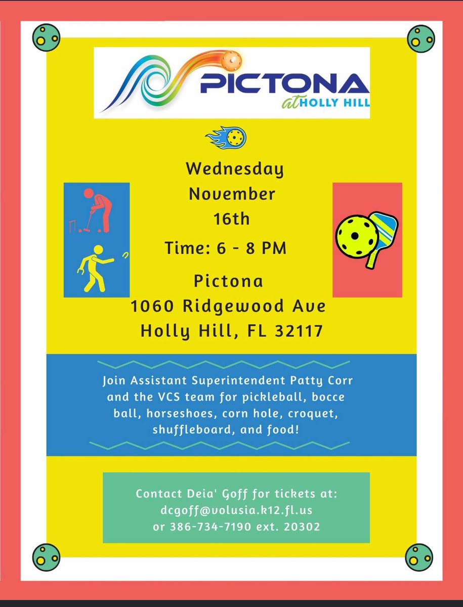 Looking forward to seeing everyone at the VCS Employee Wellness Pictona event tonight from 6-8 PM! Food, games, and pickle ball at Pictona in Holly Hill!
