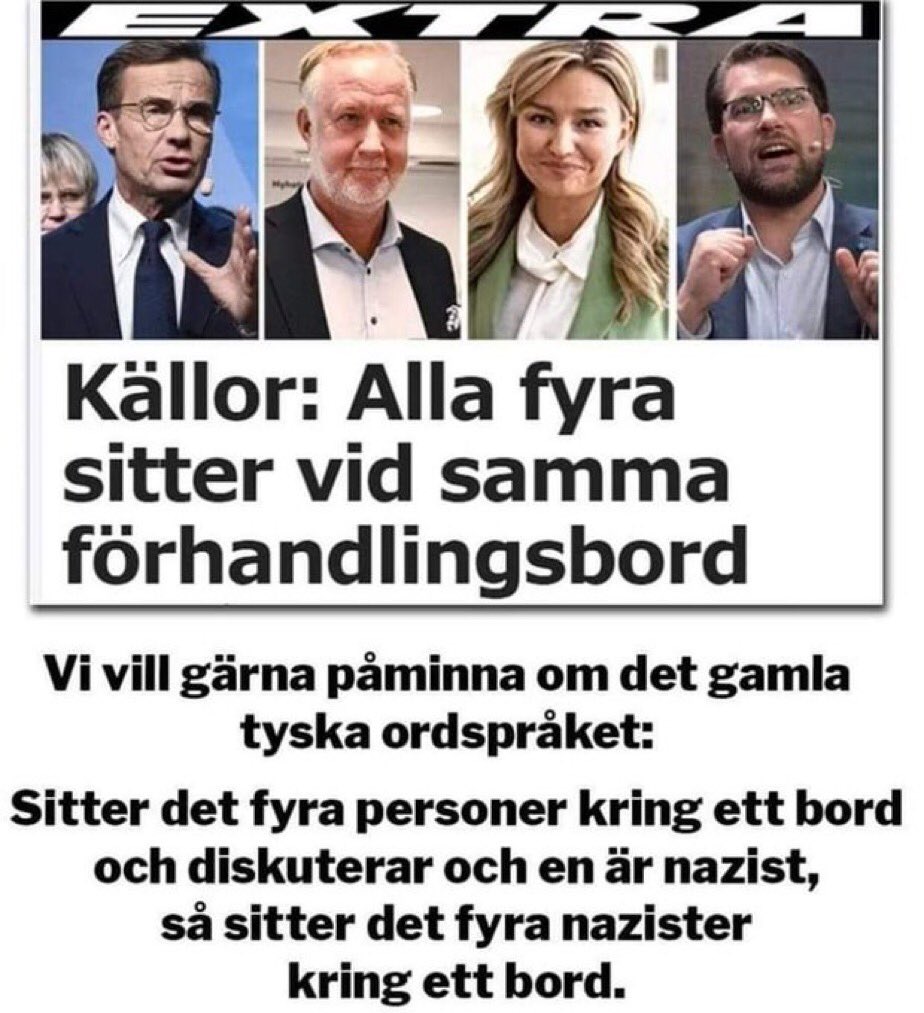 matsrosl's tweet photo. @susannasilfver Nej det är med sanningen överensstämmande. Dessa du räknar upp sammarbetar med #nazister. Till och med @LUFswe ordförande tar avstånd. Om 4 sitter vid samma bord och en ��r #nazist så stiger 4 #nazzar runt bordet. #svpol #marionettregering https://t.co/fDfkxN7ojB