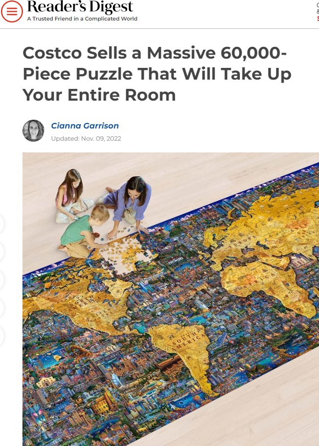 Huber099's tweet photo. In the spirit of #GISDay2022 🗺🎉 #gischat, here's a MASSIVE #mapinthewild that could be yours from Costco.
Features: 
▪ World’s Largest Jigsaw Puzzle with 60,000 Pieces
▪ Sixty 1,000-Piece Puzzles 
▪ Dimensions: 8' Tall x 29' Long
https://t.co/idABDWeT9G https://t.co/IO3hXHWRjr