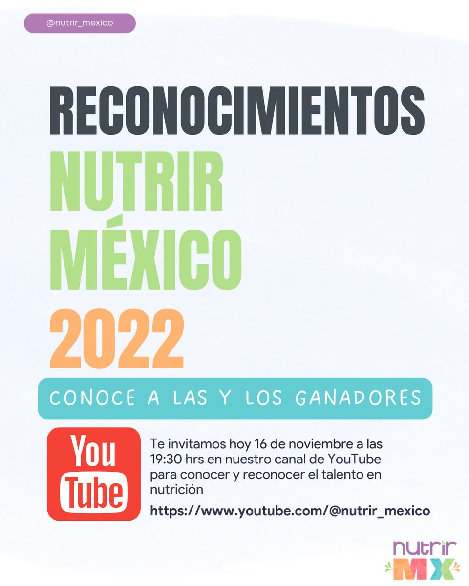 Te invitamos hoy a las 7:30 pm a conocer y reconocer el talento en nutrición. 

Desde nuestro canal de YouTube haremos la transmisión para entregar los Reconocimientos Nutrir México 2022.

youtube.com/@nutrir_mexico