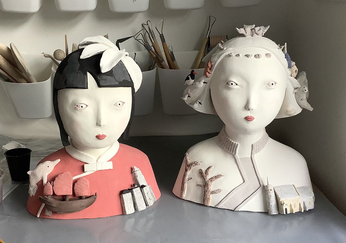 Both were twice bisque fired now. Touch up, oxides and glazing. Then glaze firing up to 1240C.  
Back to the studio after 3 days. Three small progresses, one disaster. I numb my sensitivity to protect myself; I feel less of everything. But I should learn how to let it out, too.