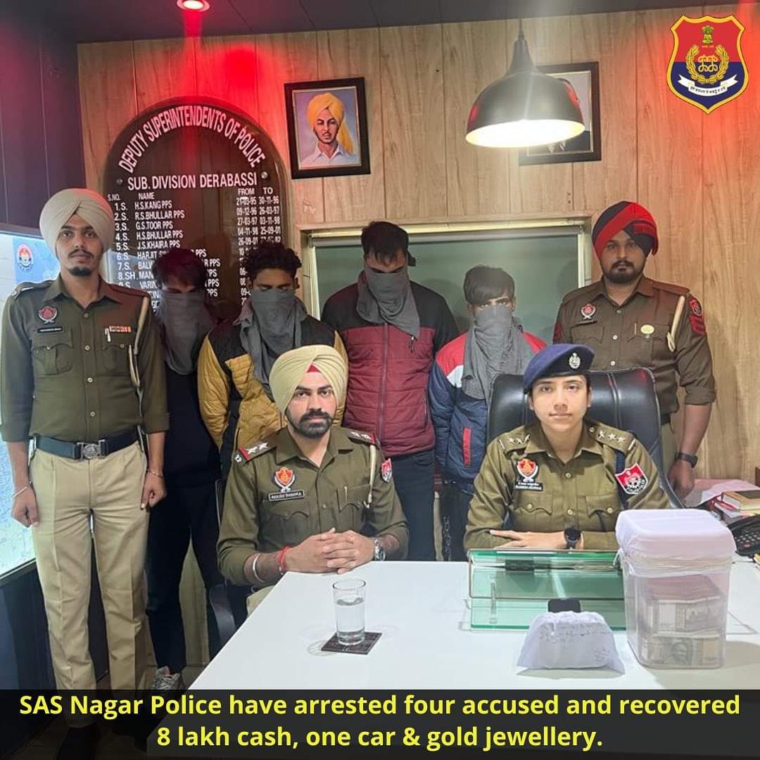 todaysvoice24nz's tweet photo. #Punjab #SASNagarPolice have achieved a great success by solving a #robberycase within #threehours. 
#Arrested #four #accused with the #recovery of 8 #lakh #cash, one #car &amp; #goldjewellery.
#ActionAgainstCrime https://t.co/22DUvm9JxO
