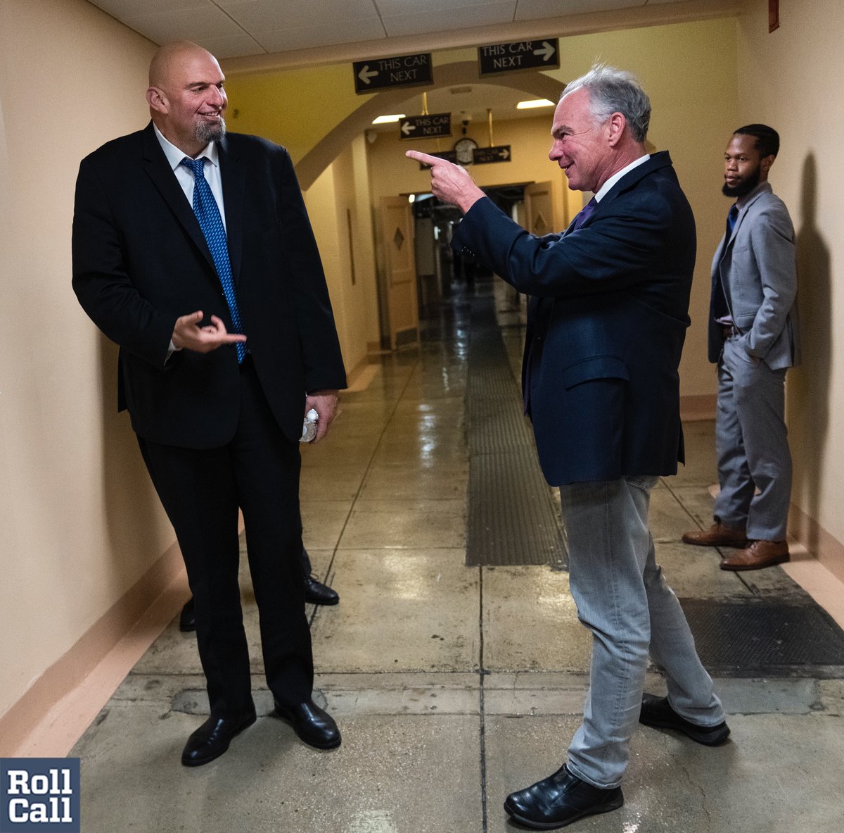 Former mayors <a href="/timkaine/">Tim Kaine</a> (Richmond, Va.) and <a href="/JohnFetterman/">John Fetterman</a> (Braddock, Pa.) talk in the U.S. Capitol on Wednesday, Nov. 16, 2022.