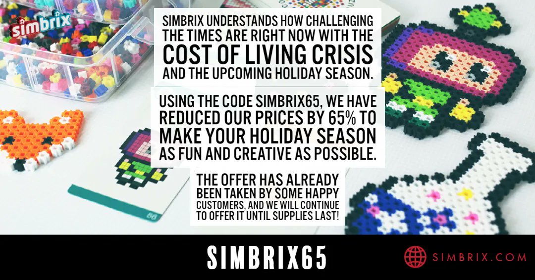 Simbrix's tweet image. As Simbrix, we understand how challenging the times are right now with the cost of living crisis and the upcoming holiday season. 

Using the code SIMBRIX65, we have reduced our prices by 65% to make your #holiday season as #fun and #creative as possible.

Simbrix.com