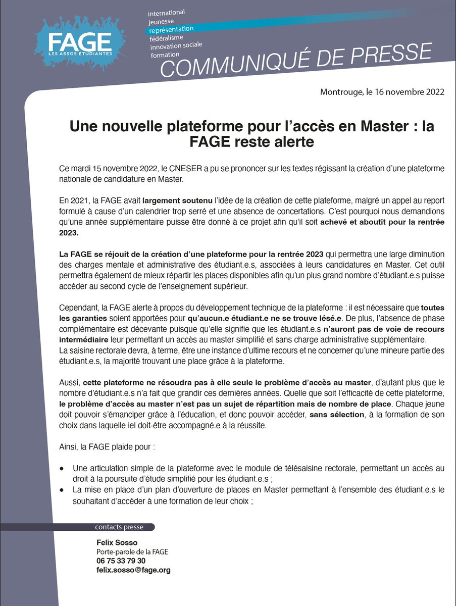 #PLATEFORMEMASTER | La #FAGE reste alerte concernant la création de la plateforme nationale de candidature master pour la #Rentrée2023. Nous demandons : 
- La possibilité d’une télésaisine
- La mise en place d’un
plan d’ouverture de place pour un meilleur accès à la formation