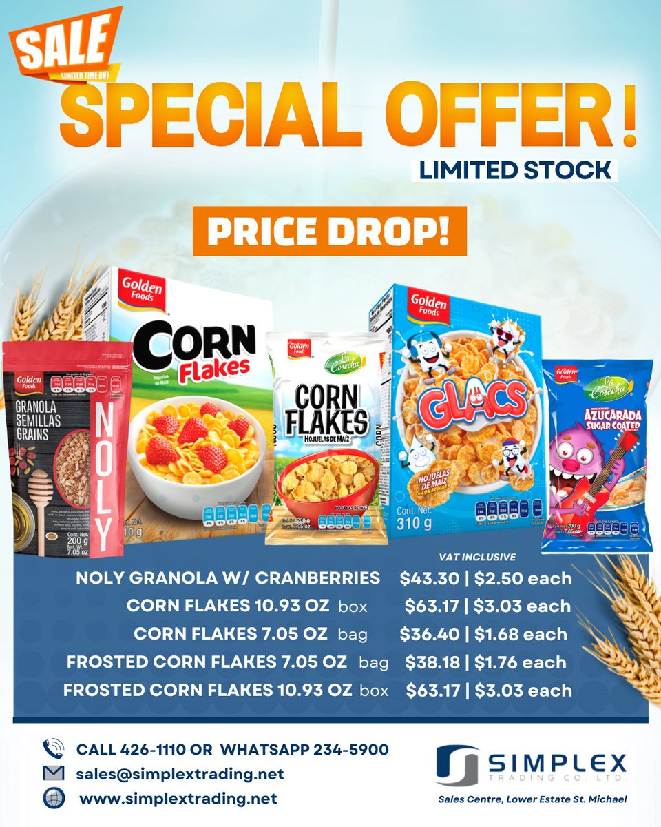 simplex_trading's tweet image. Visit us today and take advantage of our special offer on cereals! Available ONLY at our Sales Centre in Lower Estate, St. Michael while stocks last.  
  
Our Opening Hours:  
Monday- Friday 8:00AM- 4:00PM  

For further enquires Call 426-1110 or WhatsApp 234-5900 #simplextrading