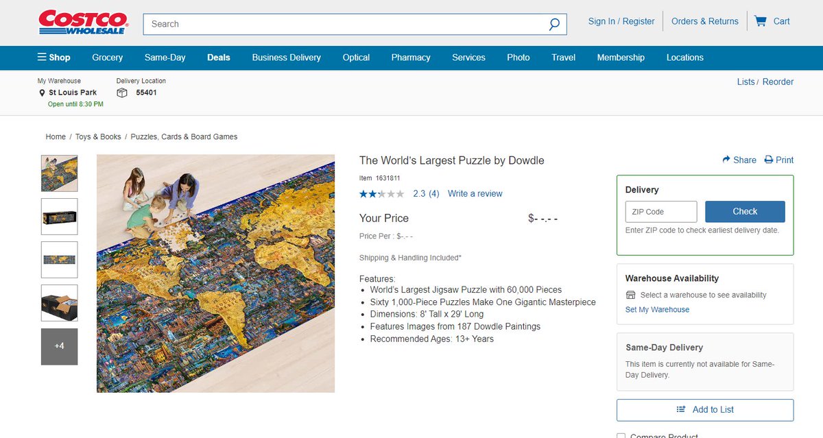 Huber099's tweet photo. In the spirit of #GISDay2022 🗺🎉 #gischat, here's a MASSIVE #mapinthewild that could be yours from Costco.
Features: 
▪ World’s Largest Jigsaw Puzzle with 60,000 Pieces
▪ Sixty 1,000-Piece Puzzles 
▪ Dimensions: 8' Tall x 29' Long
https://t.co/idABDWeT9G https://t.co/IO3hXHWRjr