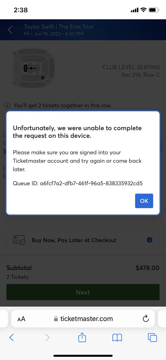 Nora1027's tweet photo. Very frustrated with @Ticketmaster and the @CapitalOne presale for Taylor Swift tickets. I waited in the long line then kept trying to proceed with buying the tickets I selected and kept getting the following message when I WAS signed in. And now there’s like no tickets. Cool. https://t.co/HOMLHjvoTl