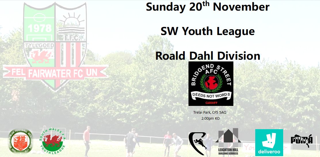 Fairwater FC (@waterfc) on Twitter photo Youth
🗓Sunday 20th November
🏟Trelai Park, CF5 5AQ
⚽️<a href="/BridgendSt/">Bridgend Street AFC</a> Youth
⏰2:00pm Kick Off
Come show your support for the lads.
#FFC #UppaWart Youth
🗓Sunday 20th November
🏟Trelai Park, CF5 5AQ
⚽️<a href="/BridgendSt/">Bridgend Street AFC</a> Youth
⏰2:00pm Kick Off
Come show your support for the lads.
#FFC #UppaWart