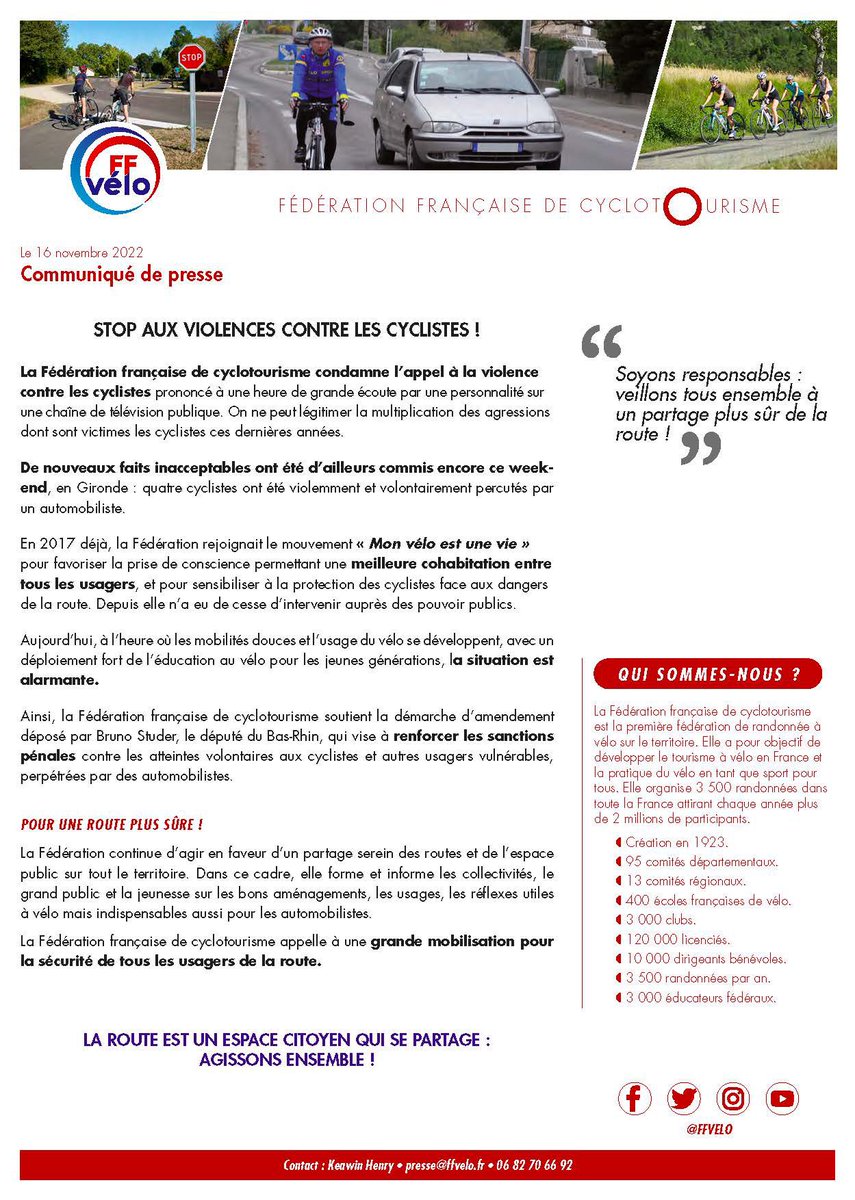 FFVelo_officiel's tweet photo. Stop aux violences contre les cyclistes !

@FFVelo_officiel appelle à une grande mobilisation pour la sécurité de tous  les usagers sur la route.

#securiteroutiere
#monveloestunevie 
#partageonslaroute 

Communiqué 👉 https://t.co/AnMM00H8Br