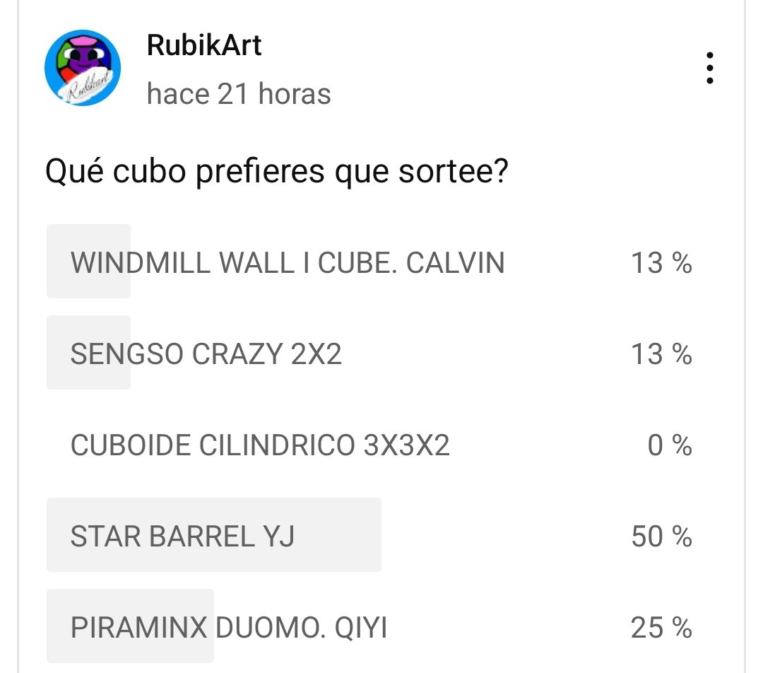 Ya puedes votar que cubo quieres que regale, en la zona de comunidad del canal. El dia 27 subire video con el cubo elegido y las bases del concurso.
youtube.com/@Rubik_Art