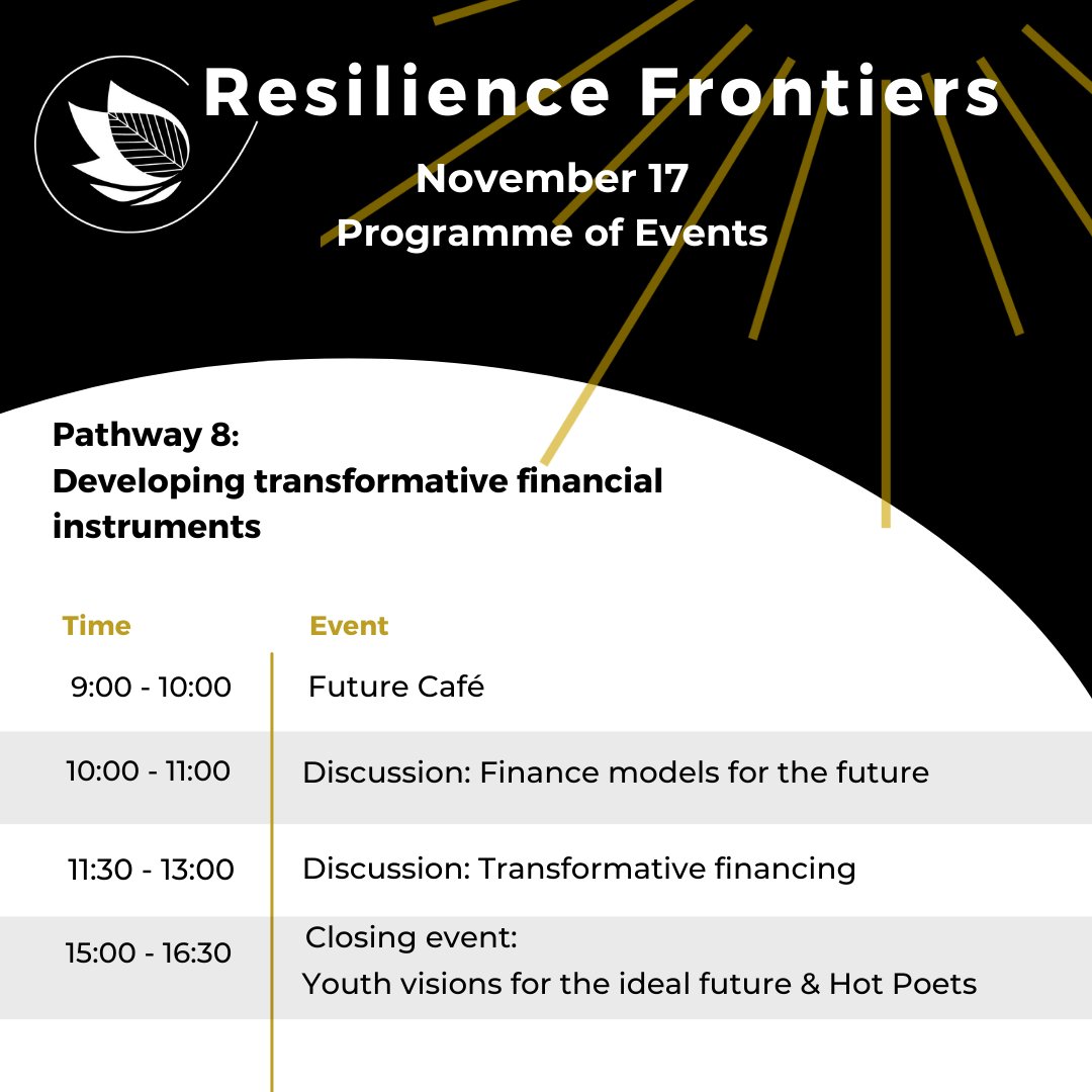 ResilienceFron1's tweet photo. Looking forward to one final day of #resiliencefrontiers events @COP27P - come and join us! AREA C, pavilion 54 as we discuss our 8th pathway: Developing transformative financial instruments #thefuturewecreate https://t.co/rHNROZiNS5