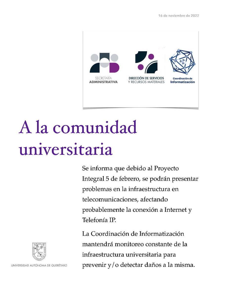 #Atención Comunidad Universitaria <a href="/UAQmx/">UAQmx</a>.
Agradecemos su comprensión y su paciencia. #Paseo5F