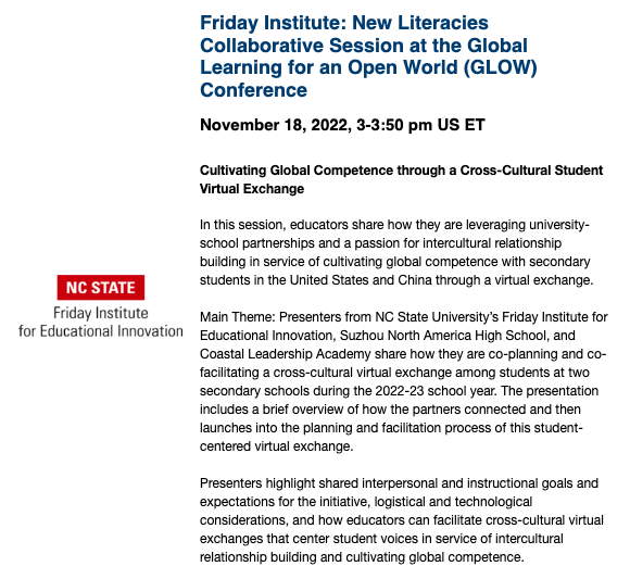 ncglobaled's tweet photo. During #NCIEW, The @FridayInstitute is offering a no-cost PD session where educators will share how virtual exchange can cultivate global competence with secondary students in the United States and China.
Register Today: https://t.co/q176JCGbTs https://t.co/0wh4fYhxIe