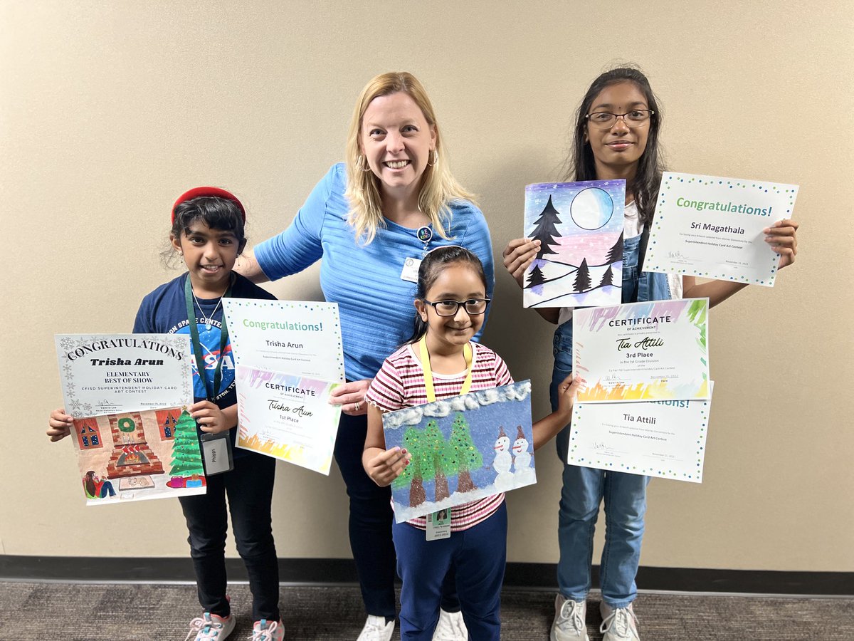 Look at these fantastic artists! Trisha, Tia, and Sri were the finalists from Warner to have their artwork entered into the Superintendent Holiday Card Art Contest. Over 60 students from Warner entered a picture this year! ⁦<a href="/WarnerCFISD/">Warner Elementary</a>⁩ ⁦<a href="/CFISDArt/">CFISD Visual Arts</a>⁩