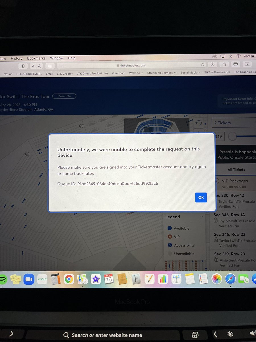 brittmerl's tweet photo. I DID EVERYTHING RIGHT &amp; STILL DIDNT GET TICKETS. signed up for gen presale. had CapOne presale as a back up. waited in queue. chose tickets immediately. kept getting error codes &amp; kept selecting tickets just for ticketmaster to completely screw me over🧵(thread) #TSxCapitalOne https://t.co/bkr0gkRiTo