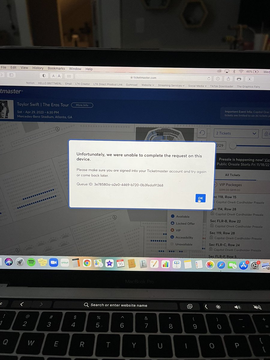 brittmerl's tweet photo. I DID EVERYTHING RIGHT &amp; STILL DIDNT GET TICKETS. signed up for gen presale. had CapOne presale as a back up. waited in queue. chose tickets immediately. kept getting error codes &amp; kept selecting tickets just for ticketmaster to completely screw me over🧵(thread) #TSxCapitalOne https://t.co/bkr0gkRiTo