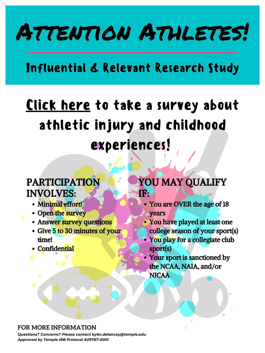 ky_ATC's tweet photo. ATHLETES WANTED: Complete this brief survey to help researchers find a connection between your childhood and athletic injury! 

https://t.co/7YyR6LLae7 https://t.co/3zFiF1G2Ol