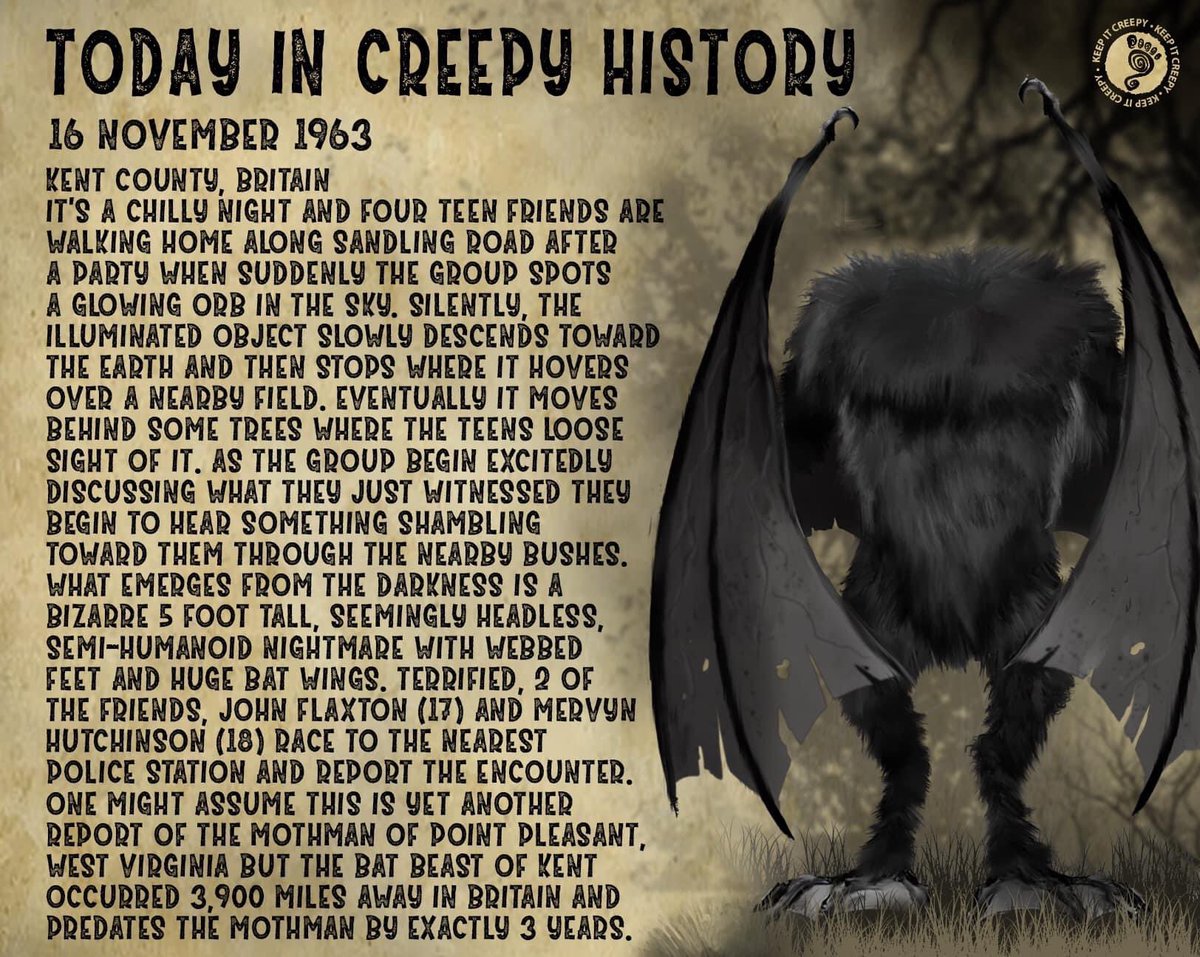 creepyacres's tweet photo. The Bat Beast of Kent straddles the line between Cryptozoology & UFOlogy & bears a striking similarity to another legendary creature.
#mothman #batbeast #batbeastofkent #cryprid #cryptozoology #ufology #ufo #creepy #illustration #spooky #britain #greatbritain #history https://t.co/074naLOmsE