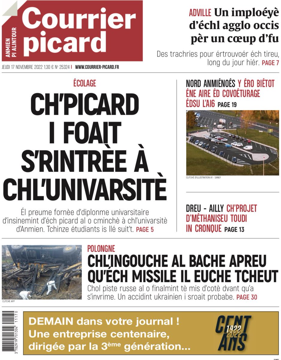 Demain, le ⁦<a href="/CourrierPicard/">Courrier picard</a>⁩ est en picard. Saurez-vous traduire ! 😉

La version « française » sera en page 3 de l’édition papier